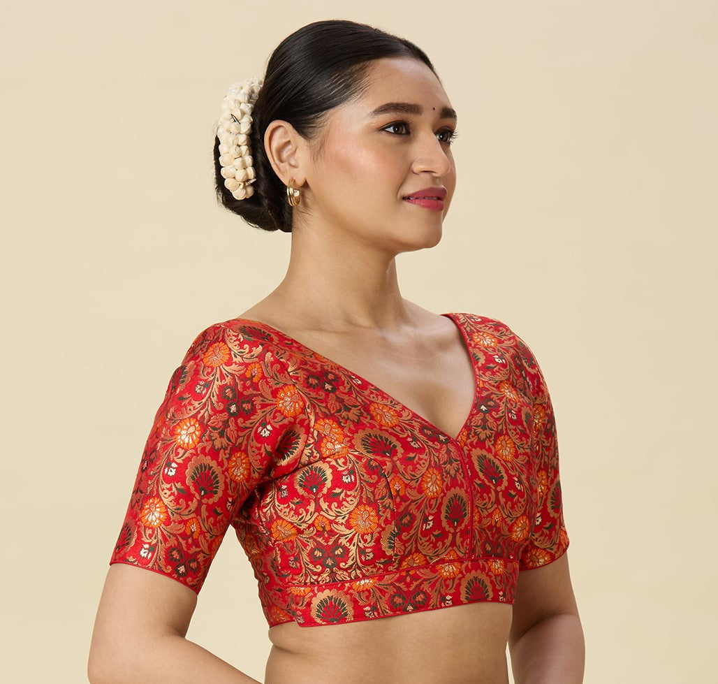 Women's Red Brocade Readymade Saree Blouse (Design 2948)