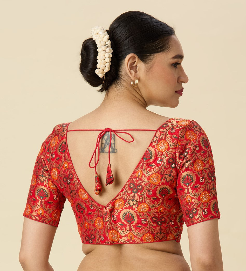 Women's Red Brocade Readymade Saree Blouse (Design 2948)