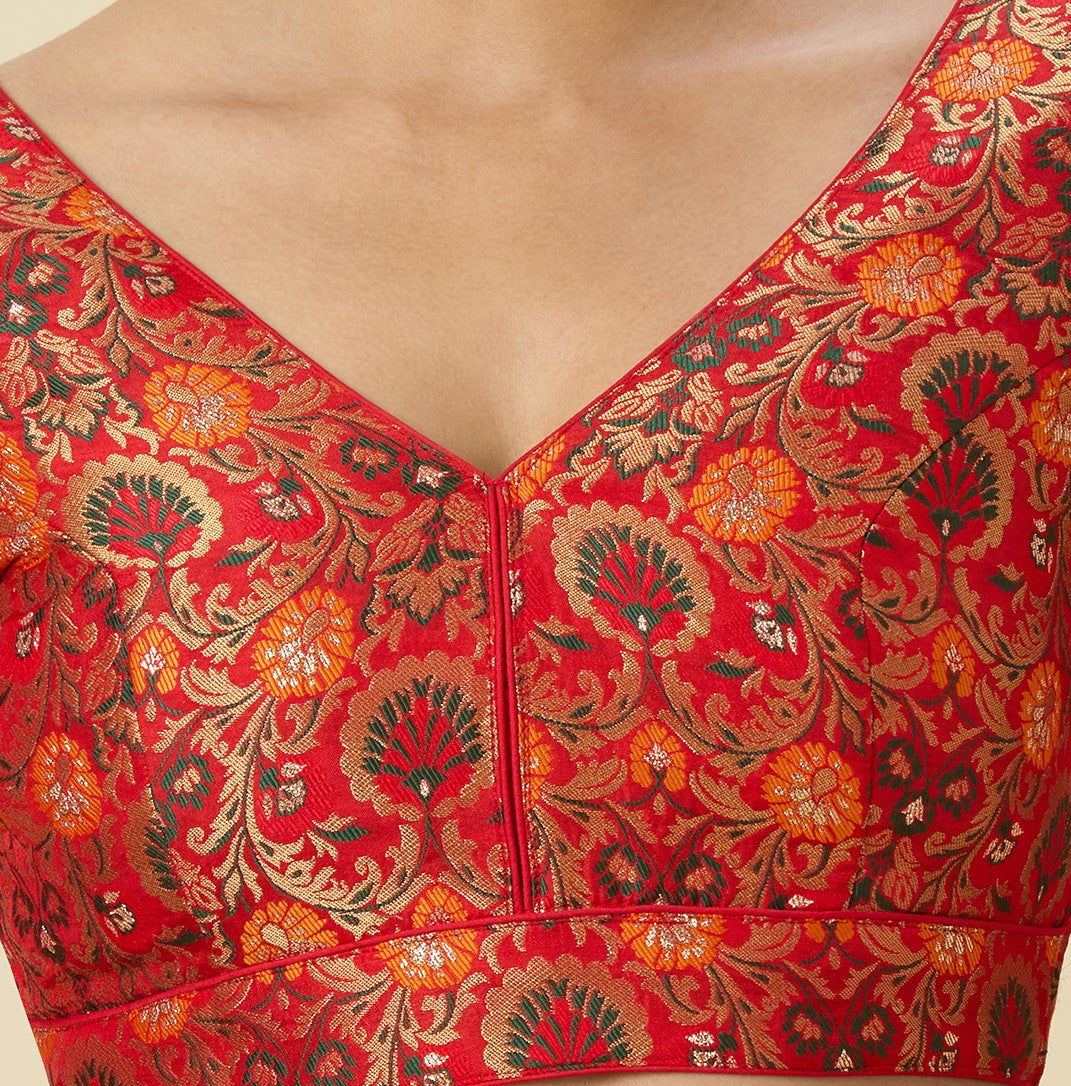 Women's Red Brocade Readymade Saree Blouse (Design 2948)