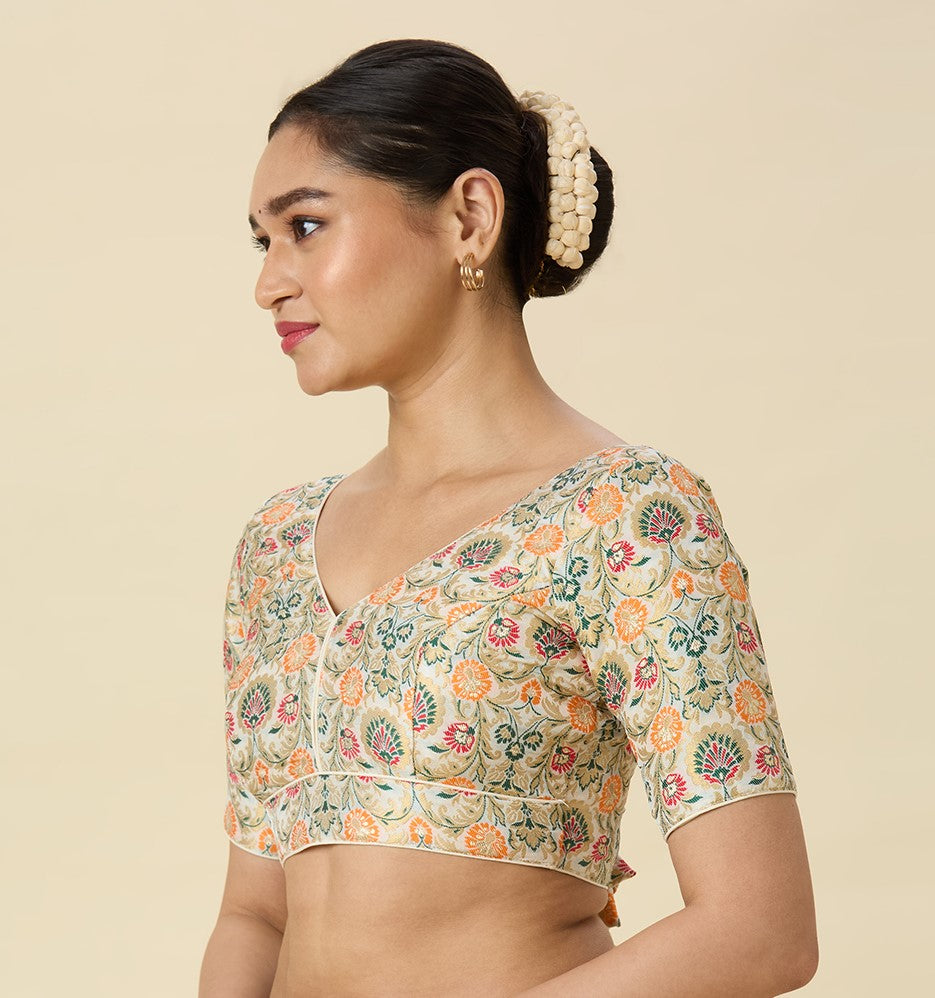 Women's White Brocade Readymade Saree Blouse (Design 2948)