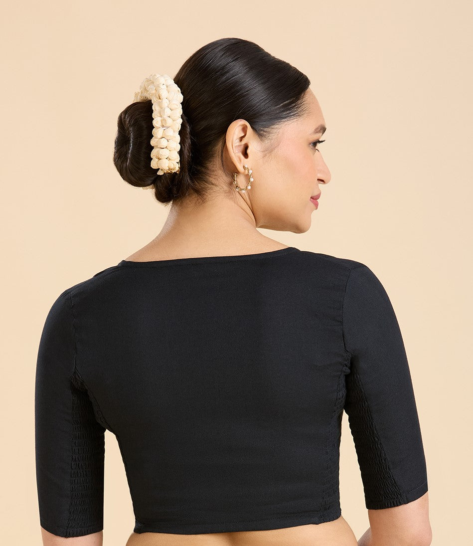 Women's Black Thick Handloom Cotton Plain Side Stretch (Smocked) Readymade Saree Blouse (Design 2949)