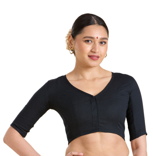 Women's Black Thick Handloom Cotton Plain Side Stretch (Smocked) Readymade Saree Blouse (Design 2949)