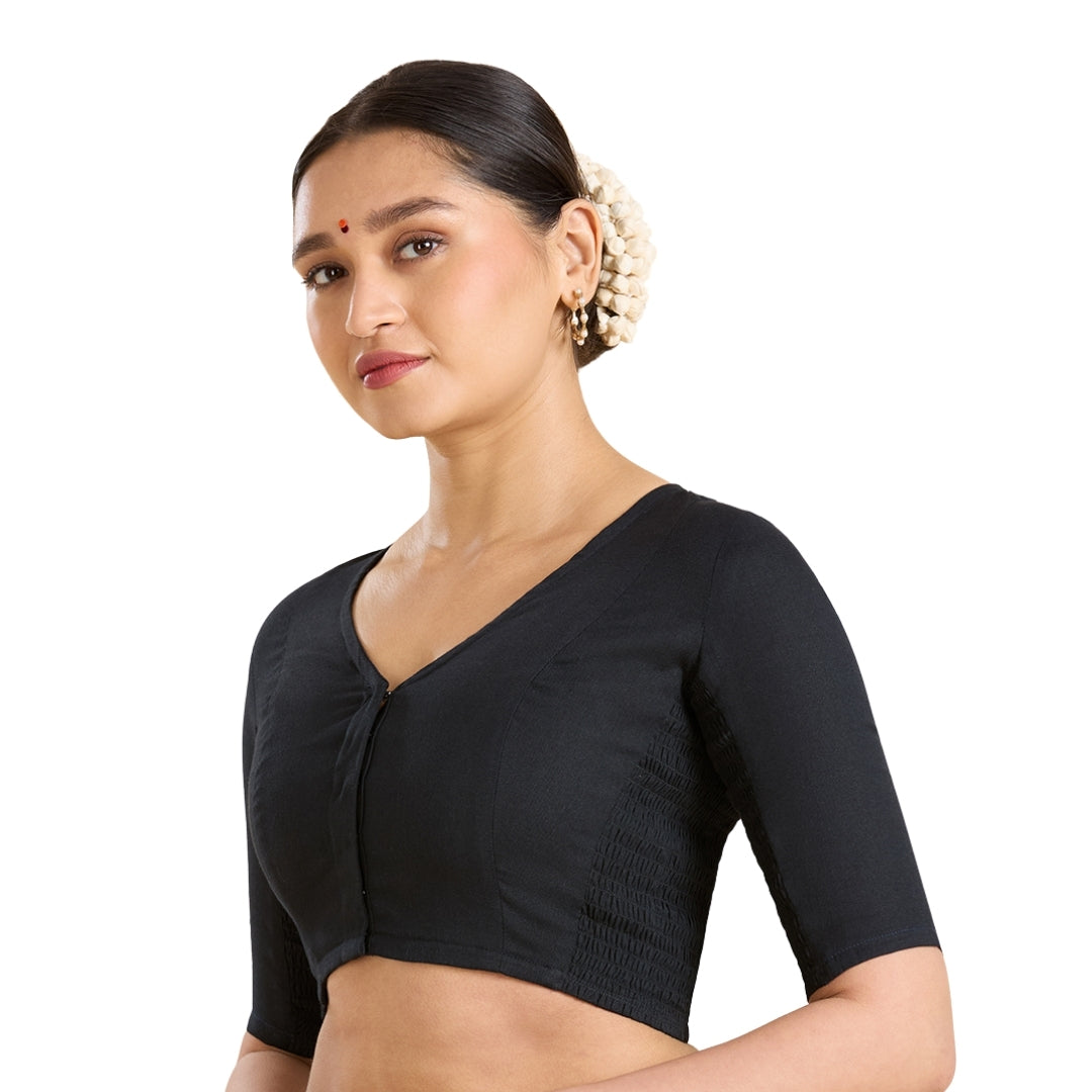 Women's Black Thick Handloom Cotton Plain Side Stretch (Smocked) Readymade Saree Blouse (Design 2949)
