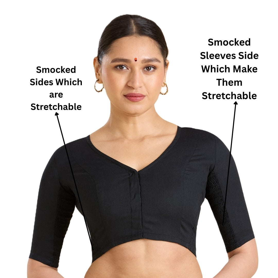 Women's Black Thick Handloom Cotton Plain Side Stretch (Smocked) Readymade Saree Blouse (Design 2949)