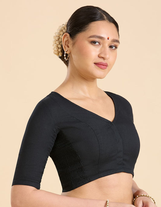 Women's Black Thick Handloom Cotton Plain Side Stretch (Smocked) Readymade Saree Blouse (Design 2949)