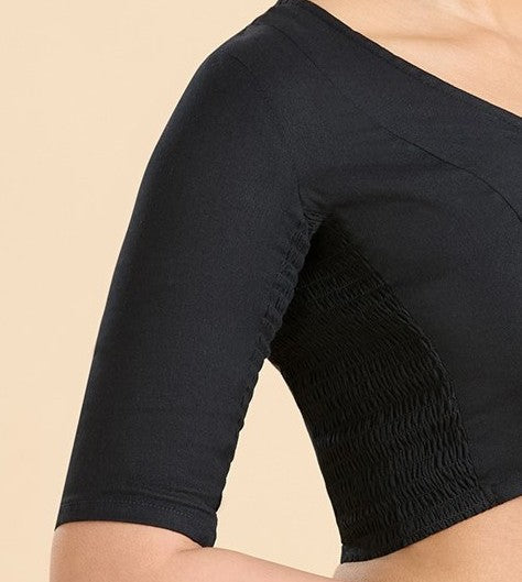 Women's Black Thick Handloom Cotton Plain Side Stretch (Smocked) Readymade Saree Blouse (Design 2949)