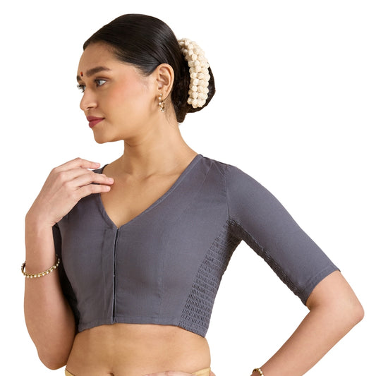Women's Grey Thick Handloom Cotton Plain Side Stretch (Smocked) Readymade Saree Blouse (Design 2949)