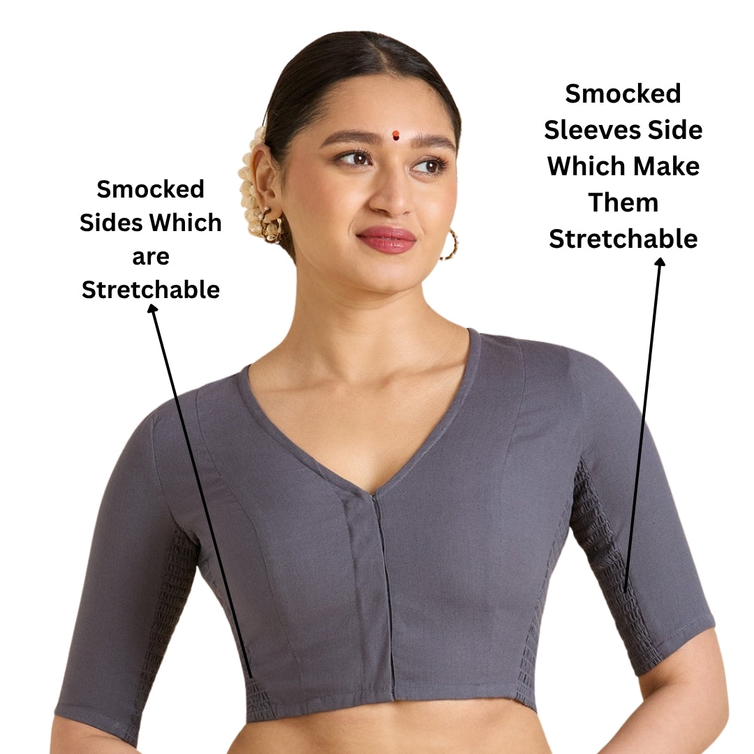 Women's Grey Thick Handloom Cotton Plain Side Stretch (Smocked) Readymade Saree Blouse (Design 2949)