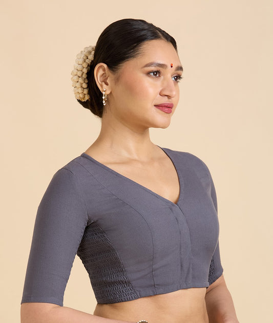 Women's Grey Thick Handloom Cotton Plain Side Stretch (Smocked) Readymade Saree Blouse (Design 2949)