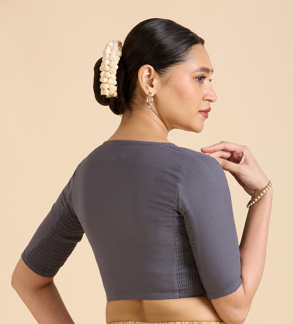 Women's Grey Thick Handloom Cotton Plain Side Stretch (Smocked) Readymade Saree Blouse (Design 2949)