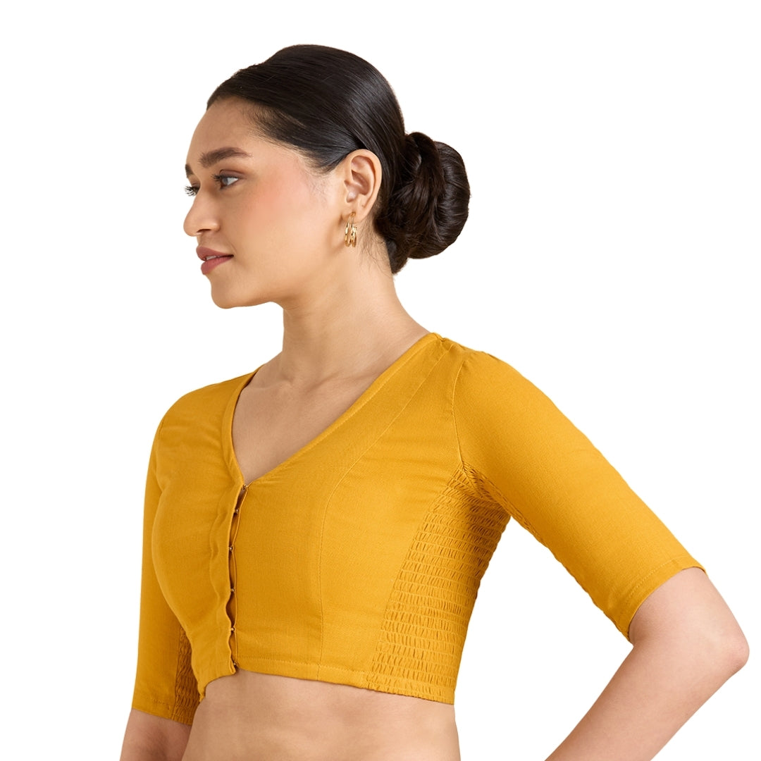 Women's Mustard Thick Handloom Cotton Plain Side Stretch (Smocked) Readymade Saree Blouse (Design 2949)
