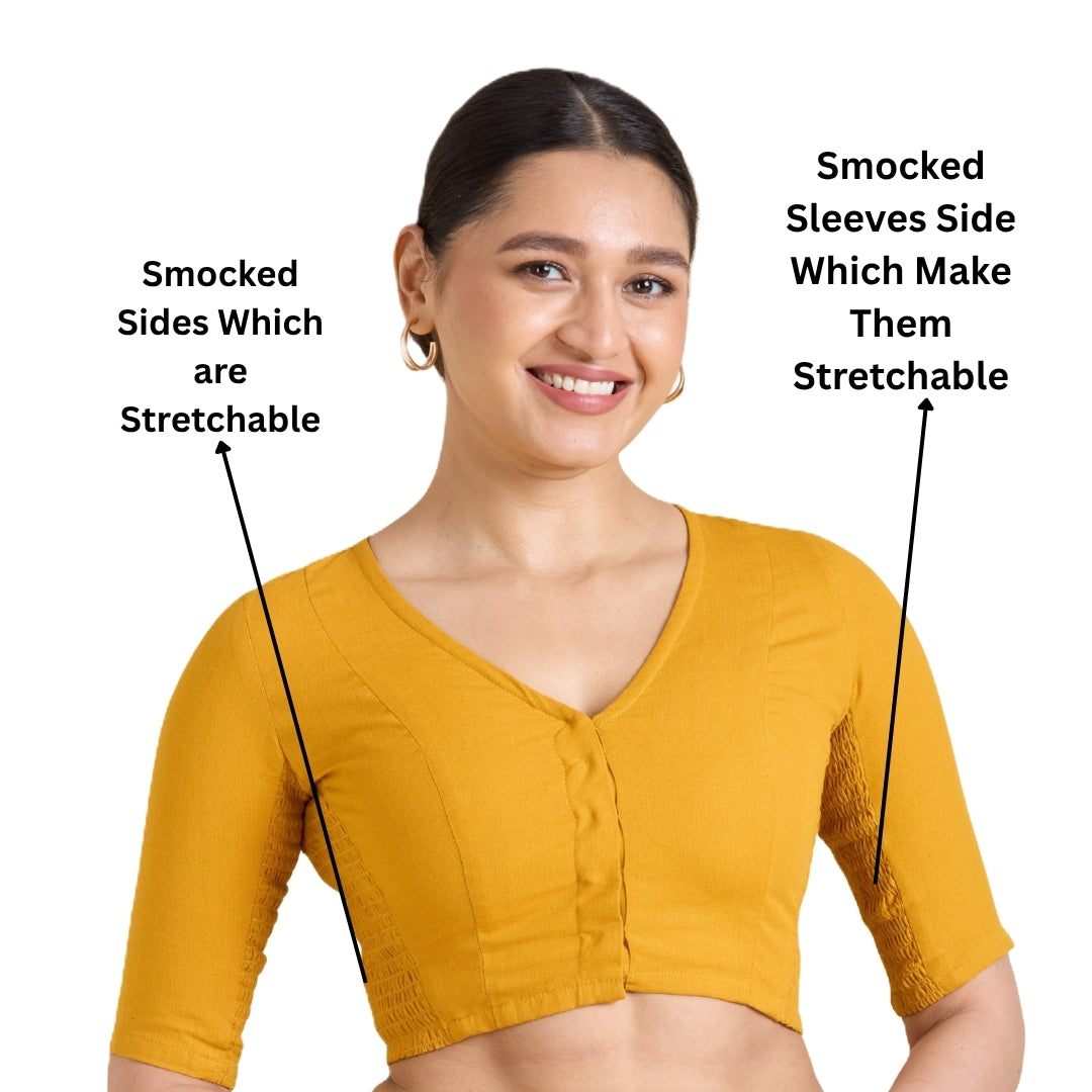 Women's Mustard Thick Handloom Cotton Plain Side Stretch (Smocked) Readymade Saree Blouse (Design 2949)