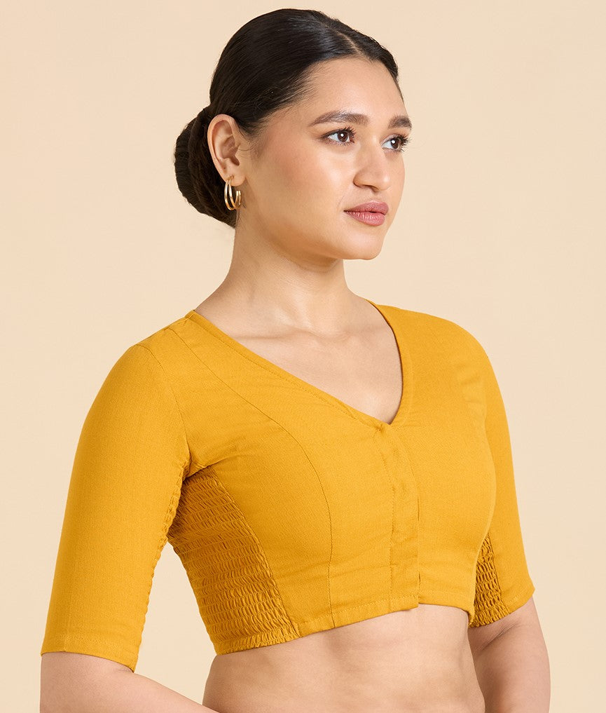 Women's Mustard Thick Handloom Cotton Plain Side Stretch (Smocked) Readymade Saree Blouse (Design 2949)