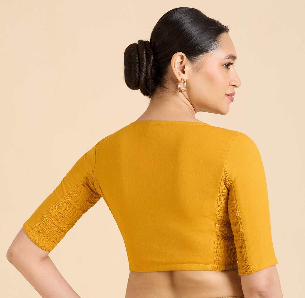 Women's Mustard Thick Handloom Cotton Plain Side Stretch (Smocked) Readymade Saree Blouse (Design 2949)