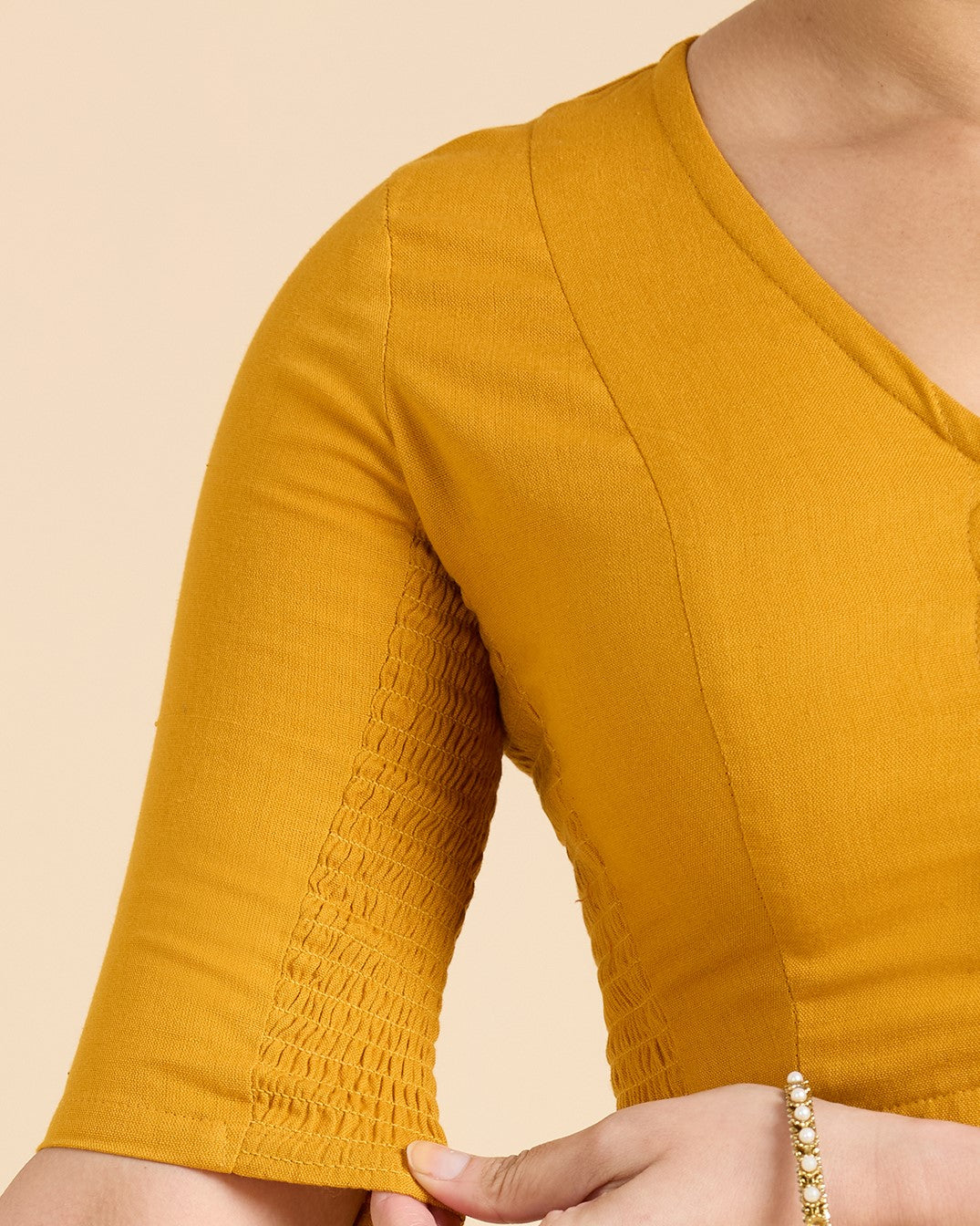 Women's Mustard Thick Handloom Cotton Plain Side Stretch (Smocked) Readymade Saree Blouse (Design 2949)