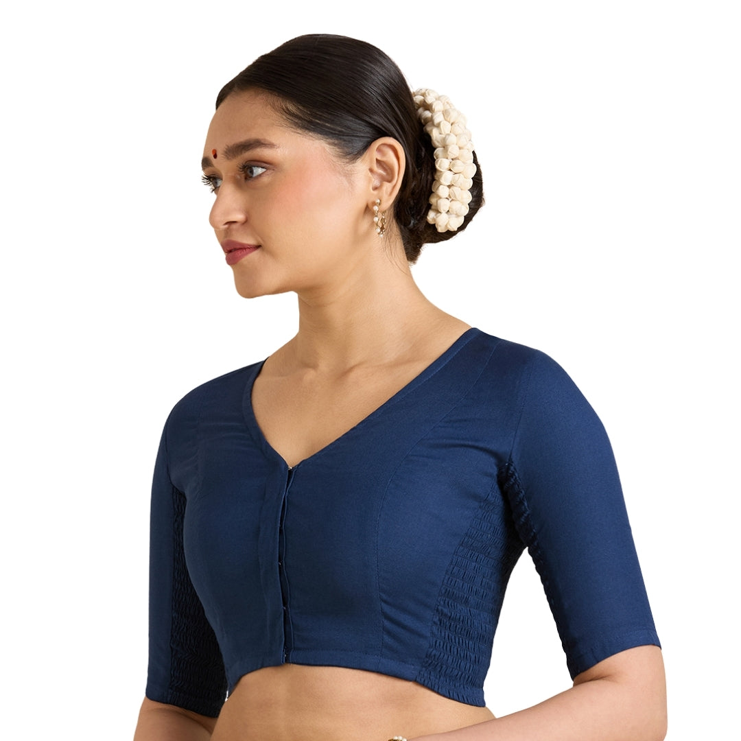 Women's Navy Blue Thick Handloom Cotton Plain Side Stretch (Smocked) Readymade Saree Blouse (Design 2949)