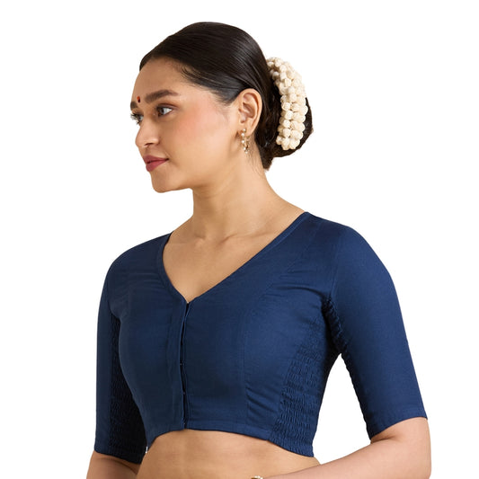 Women's Navy Blue Thick Handloom Cotton Plain Side Stretch (Smocked) Readymade Saree Blouse (Design 2949)