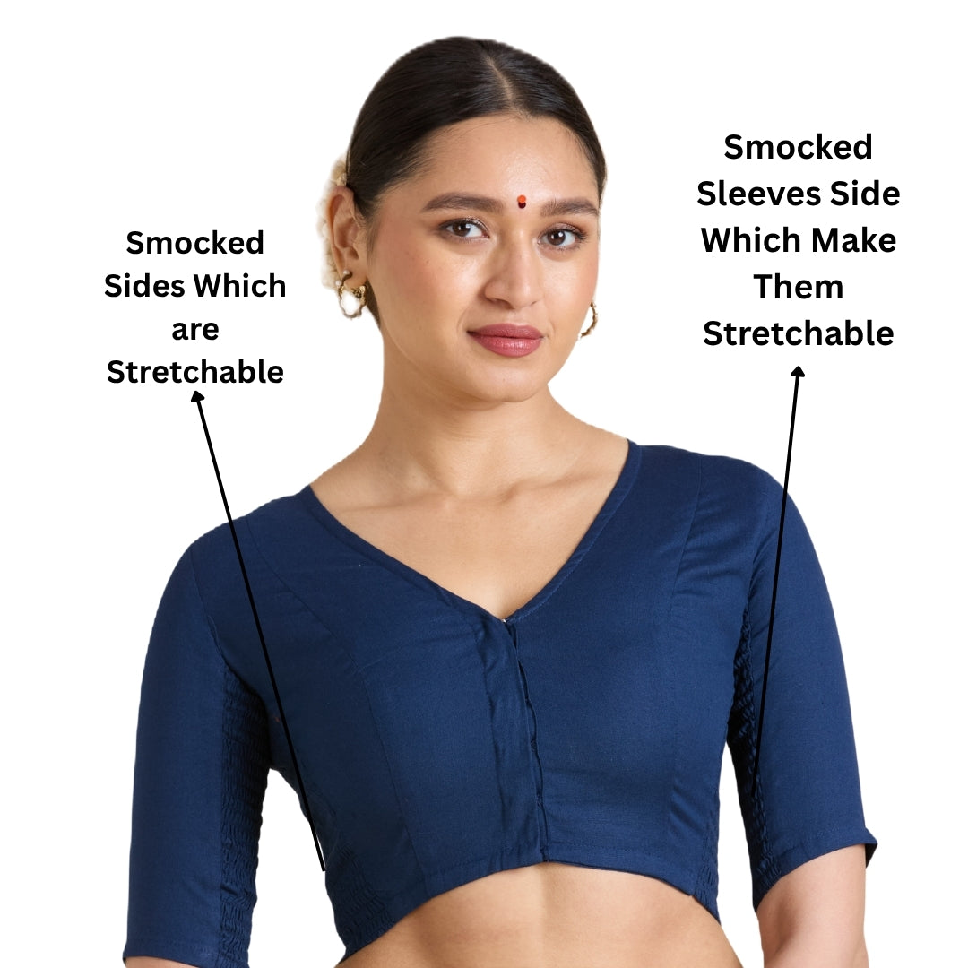 Women's Navy Blue Thick Handloom Cotton Plain Side Stretch (Smocked) Readymade Saree Blouse (Design 2949)