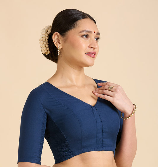 Women's Navy Blue Thick Handloom Cotton Plain Side Stretch (Smocked) Readymade Saree Blouse (Design 2949)