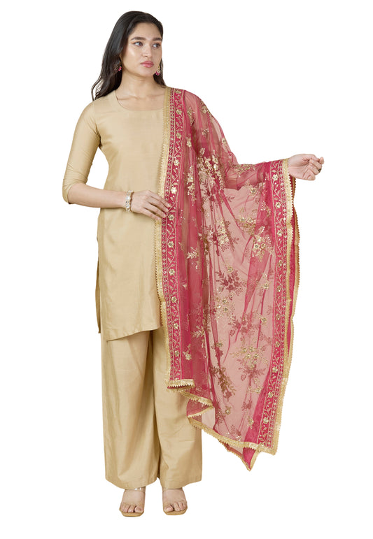 Women's Embroidered Wedding/Bridal Net Dupatta (40" X 2.5 Meters) (2950 - Pink)