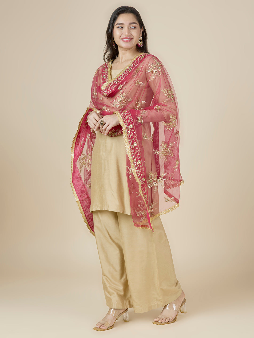 Women's Embroidered Wedding/Bridal Net Dupatta (40" X 2.5 Meters) (2950 - Pink)