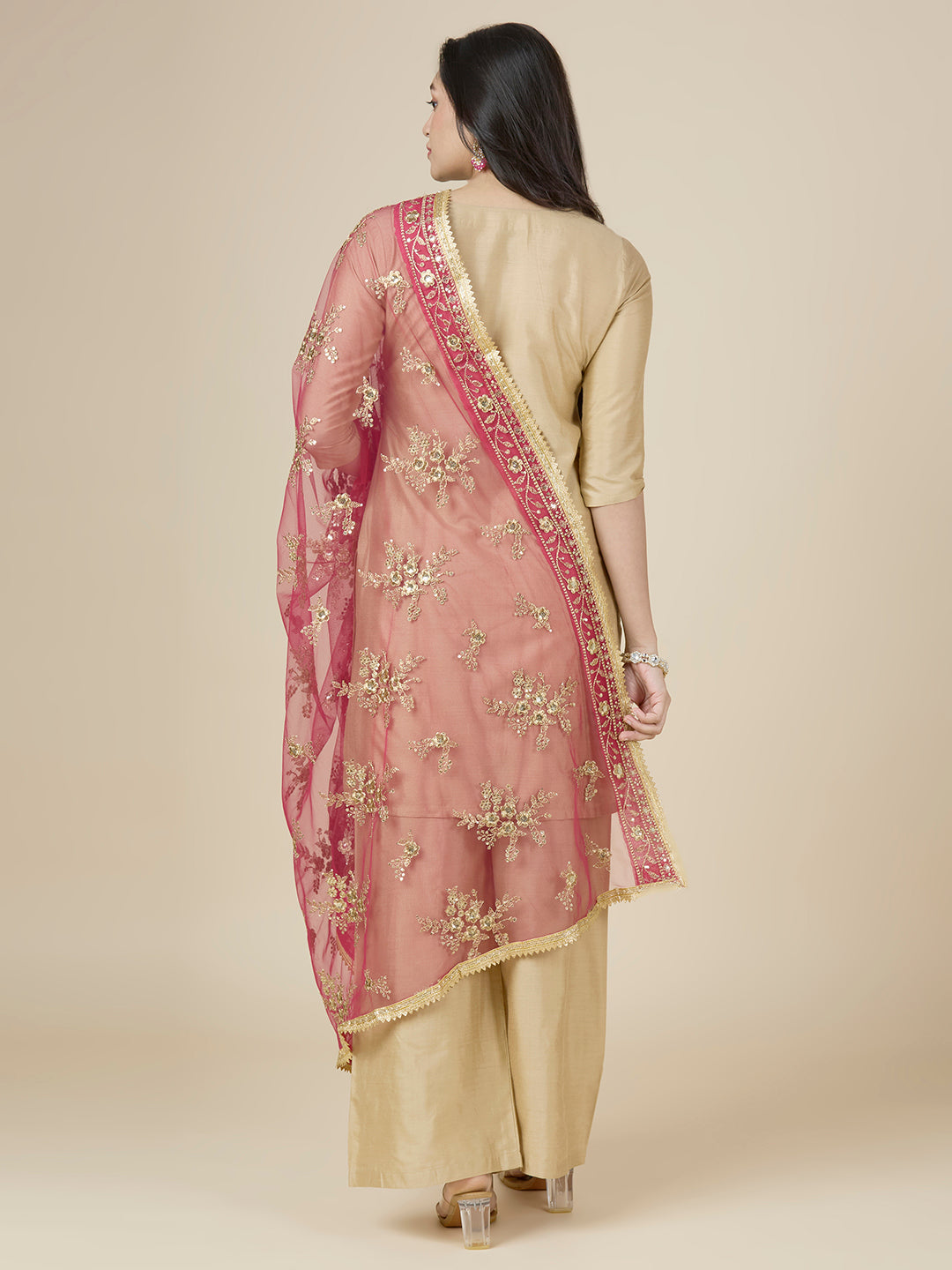 Women's Embroidered Wedding/Bridal Net Dupatta (40" X 2.5 Meters) (2950 - Pink)