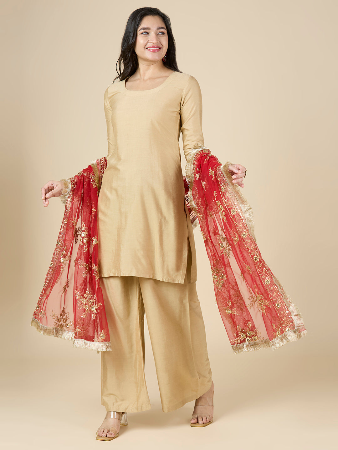 Women's Embroidered Wedding/Bridal Net Dupatta (40" X 2.5 Meters) (2950 - Red)