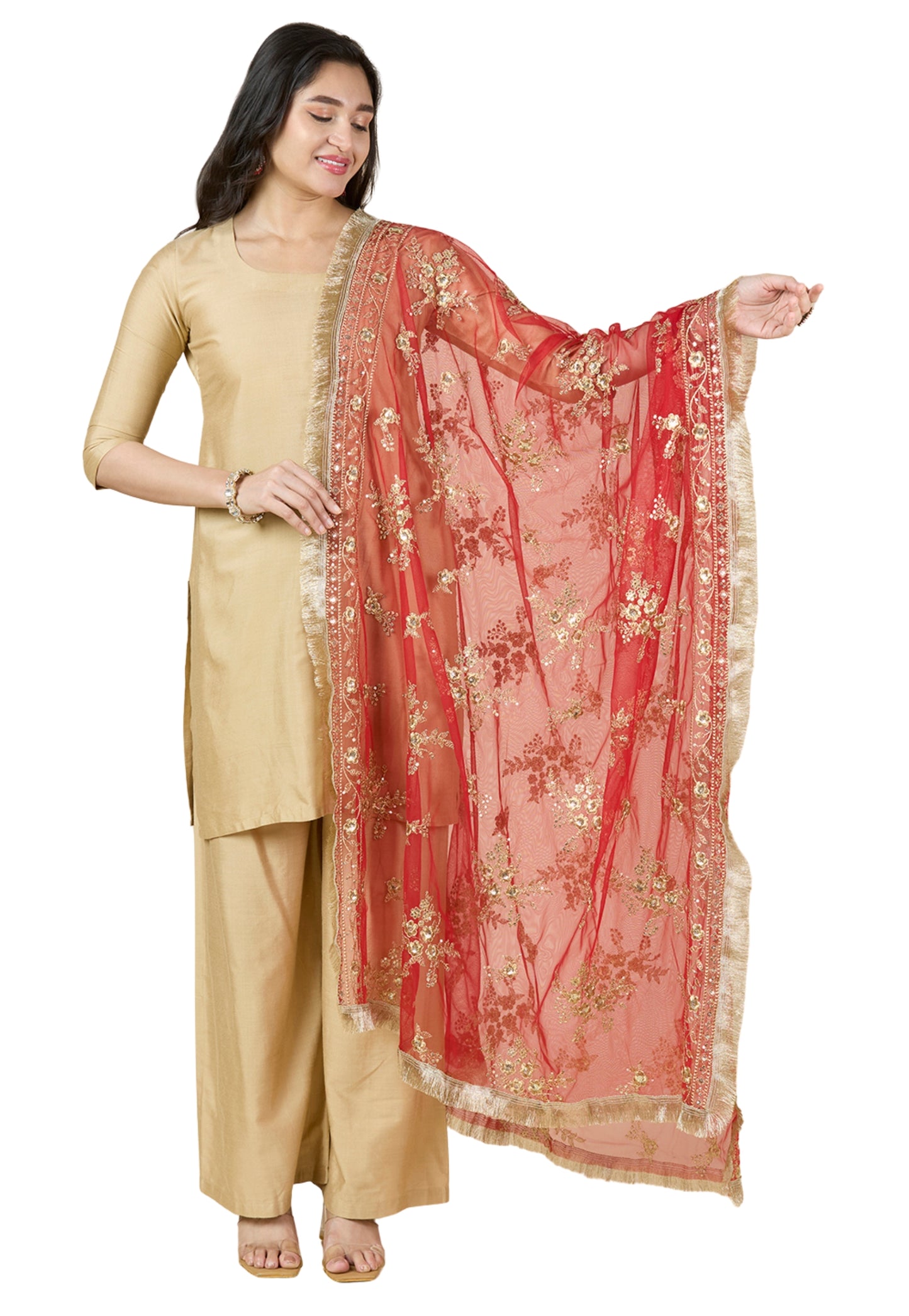 Women's Embroidered Wedding/Bridal Net Dupatta (40" X 2.5 Meters) (2950 - Red)