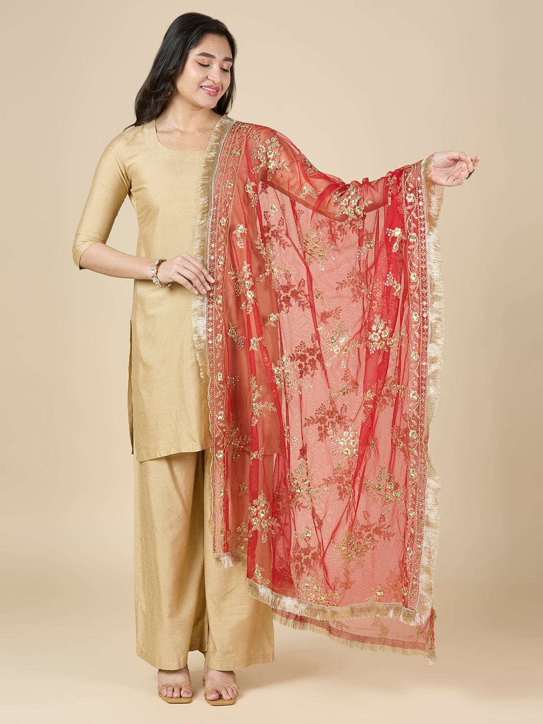 Women's Embroidered Wedding/Bridal Net Dupatta (40" X 2.5 Meters) (2950 - Red)