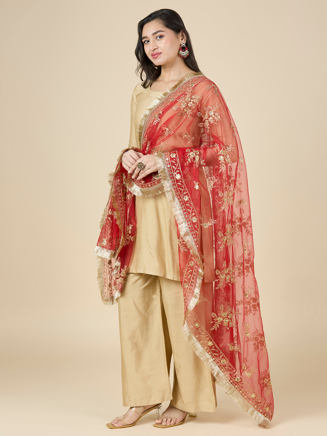 Women's Embroidered Wedding/Bridal Net Dupatta (40" X 2.5 Meters) (2950 - Red)