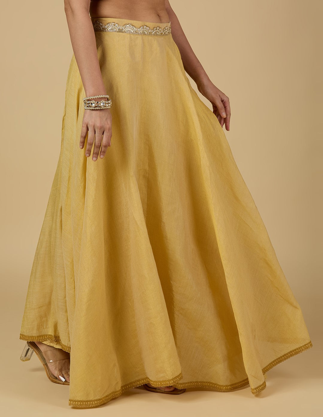 Women's Golden Tissue Skirt/Lehenga With Huge 8 Meters Flare (Double Ghera)  (2951 - Gold)