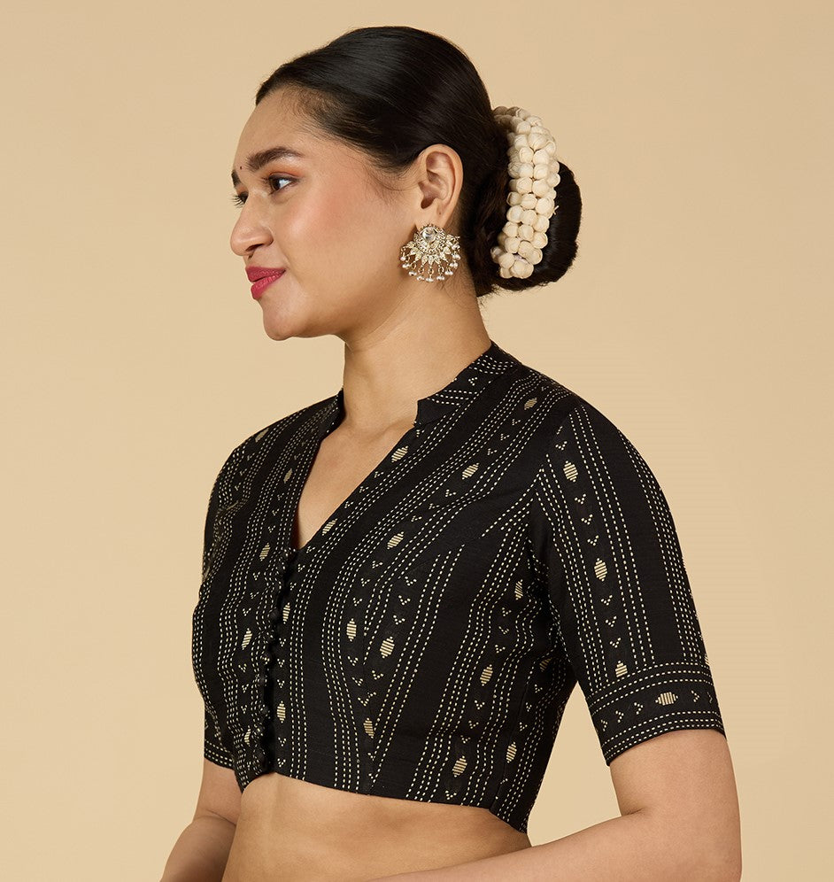 Women's Black Cotton Silk Blended Readymade Saree Blouse with Collar (Design 2952)
