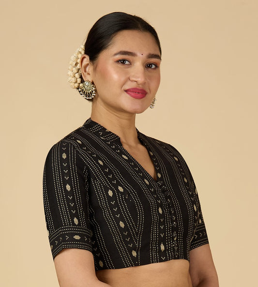Women's Black Cotton Silk Blended Readymade Saree Blouse with Collar (Design 2952)