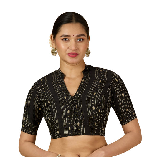 Women's Black Cotton Silk Blended Readymade Saree Blouse with Collar (Design 2952)