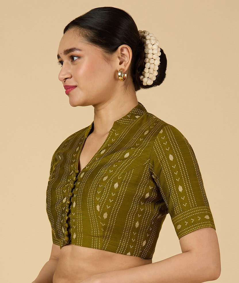 Women's Mehandi Cotton Silk Blended Readymade Saree Blouse with Collar (Design 2952)