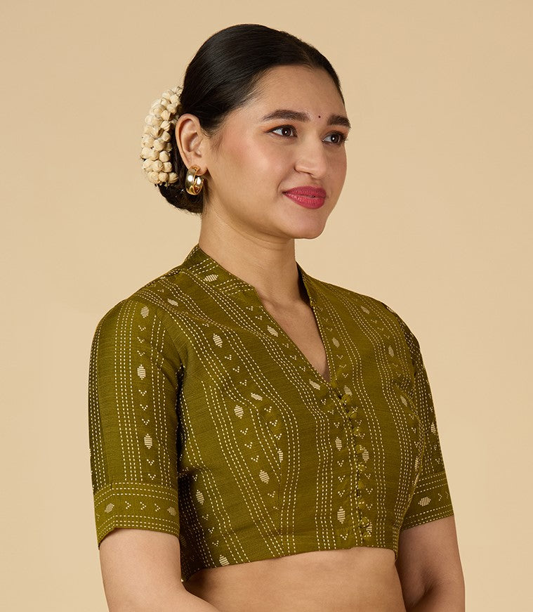 Women's Mehandi Cotton Silk Blended Readymade Saree Blouse with Collar (Design 2952)