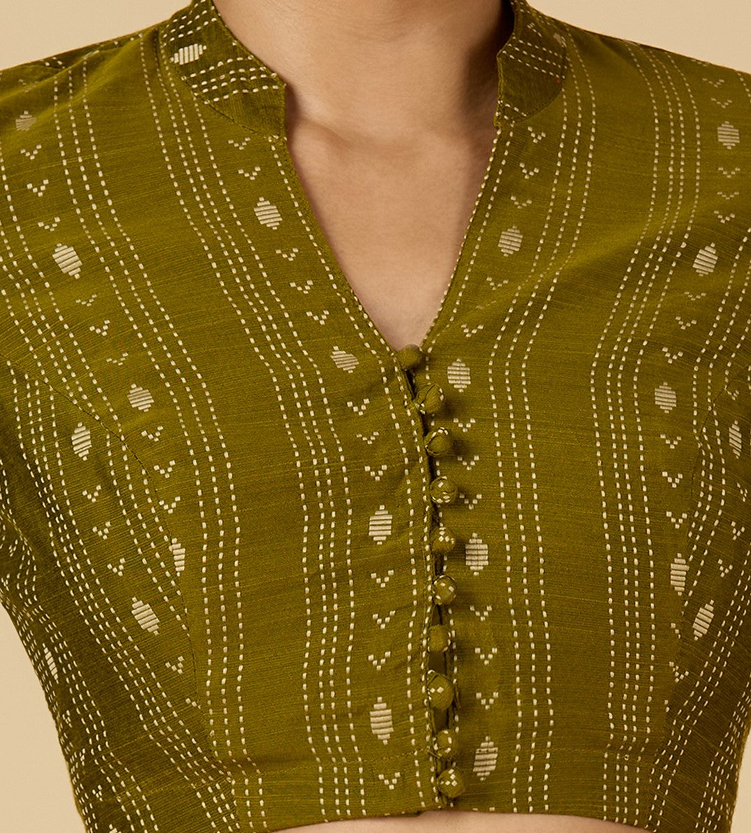 Women's Mehandi Cotton Silk Blended Readymade Saree Blouse with Collar (Design 2952)