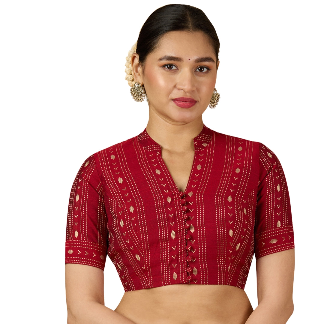 Women's Maroon Cotton Silk Blended Readymade Saree Blouse with Collar (Design 2952)