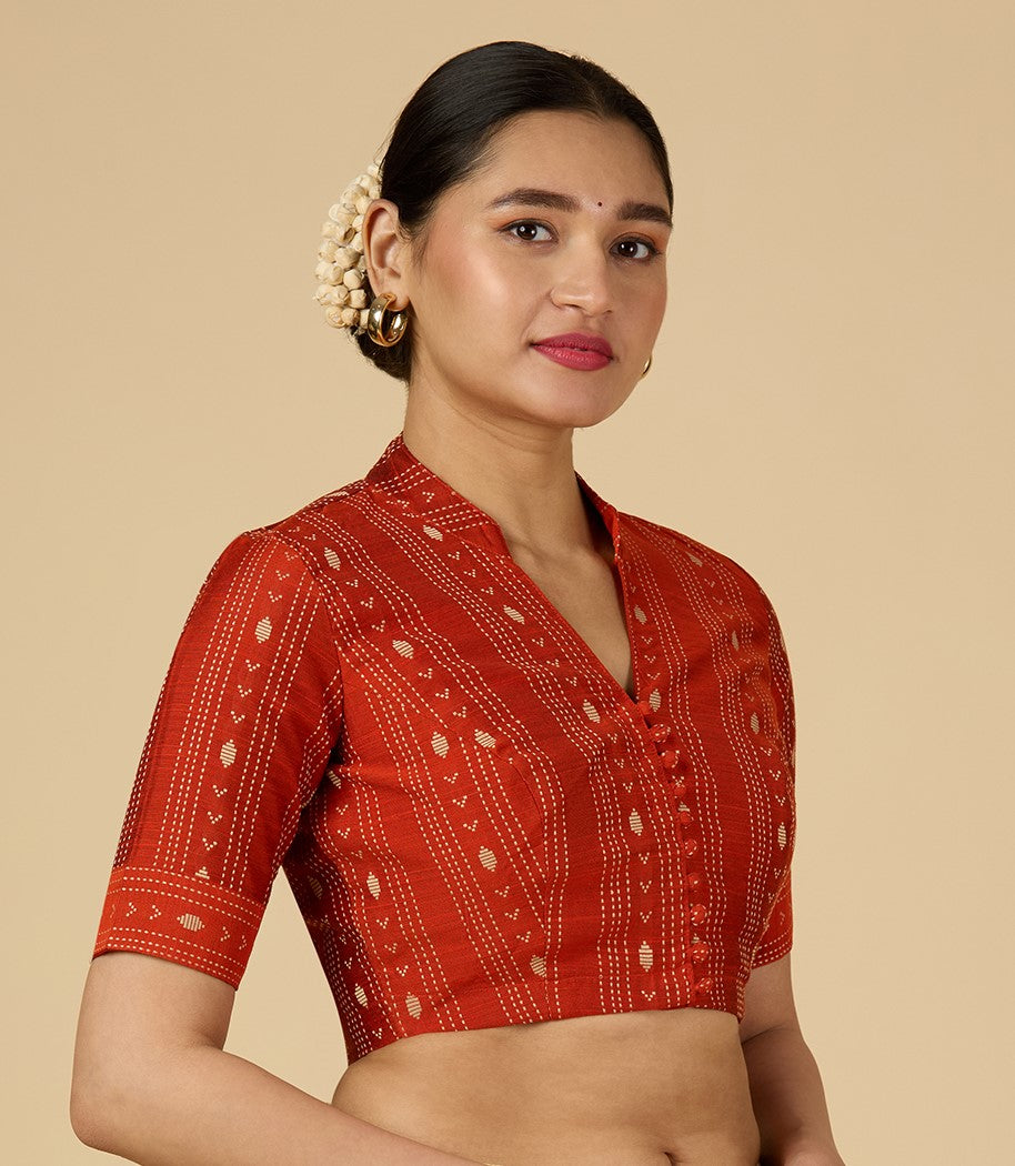 Women's Rust Cotton Silk Blended Readymade Saree Blouse with Collar (Design 2952)