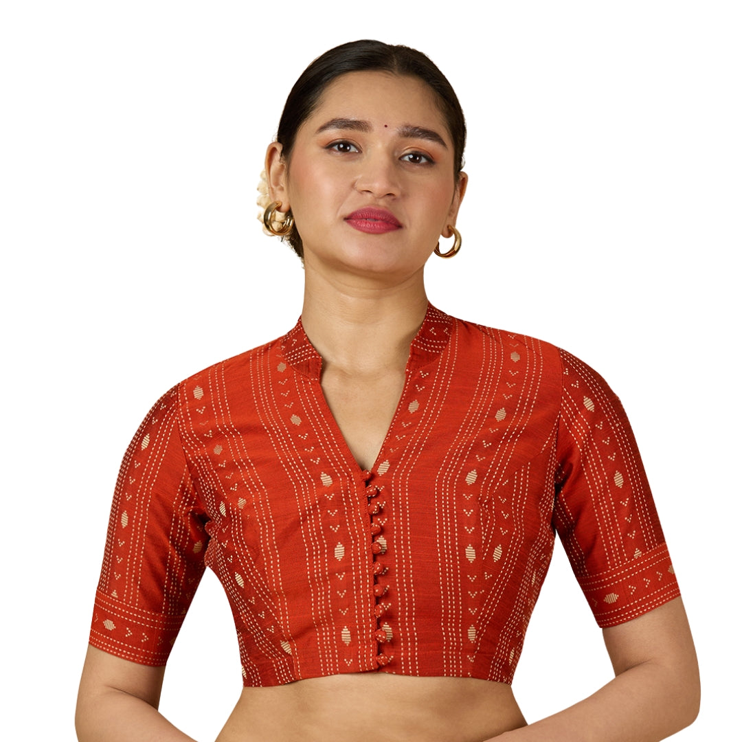 Women's Rust Cotton Silk Blended Readymade Saree Blouse with Collar (Design 2952)