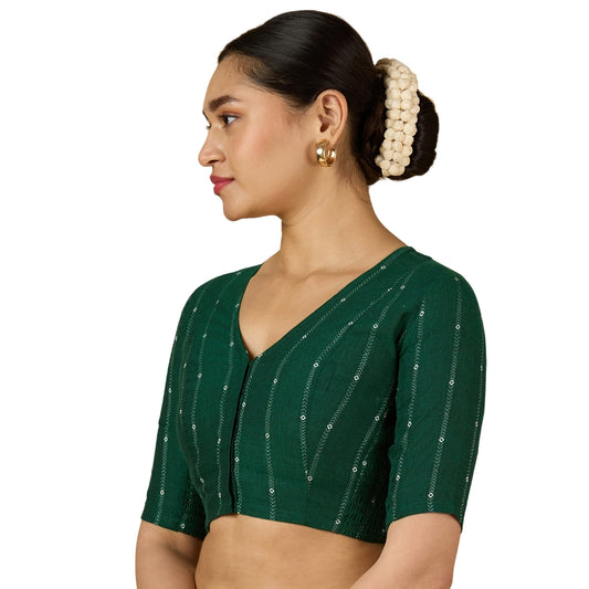 Women's Green Cool Handloom Cotton Side Stretchable (Smocked) Readymade Saree Blouse (Design 2953)