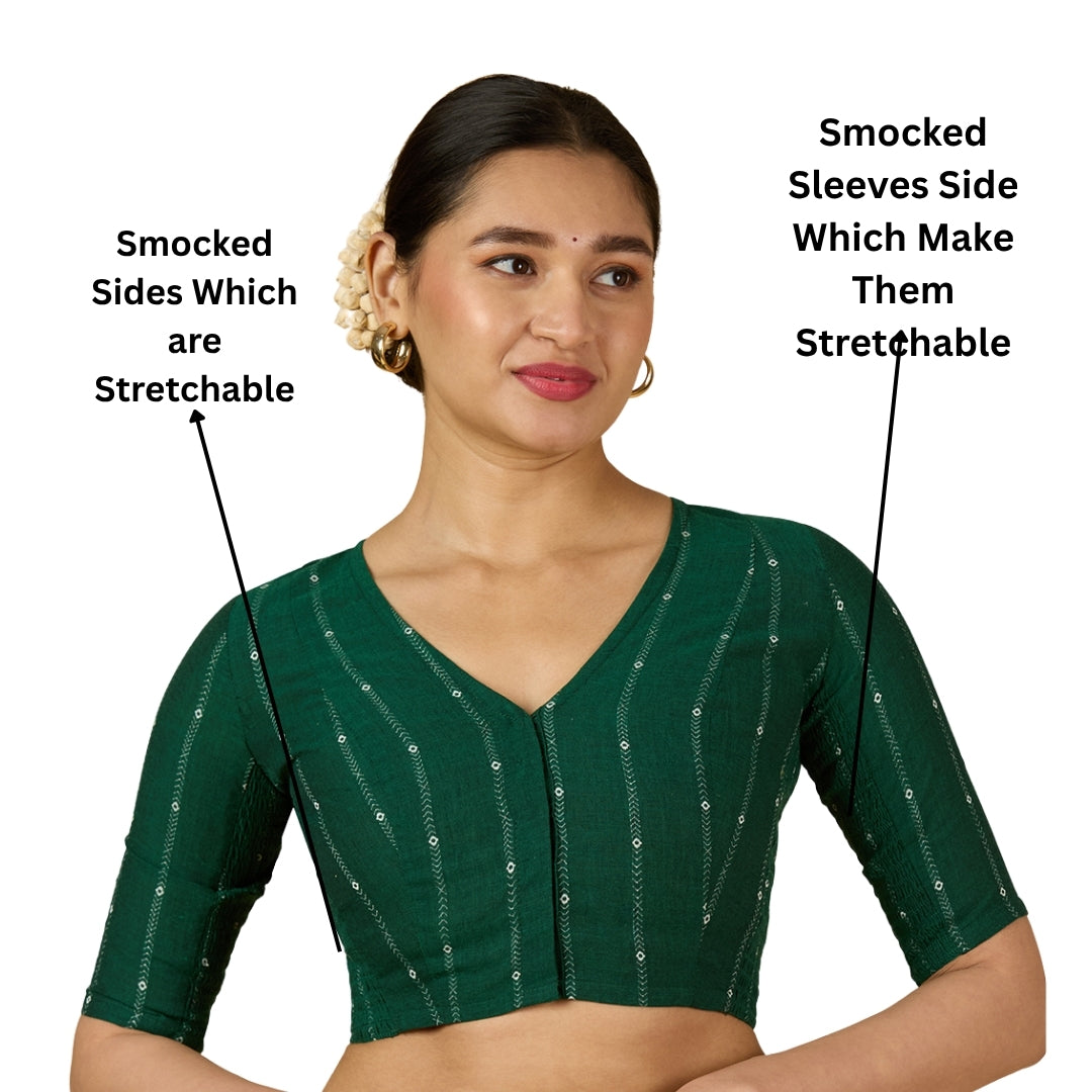 Women's Green Cool Handloom Cotton Side Stretchable (Smocked) Readymade Saree Blouse (Design 2953)