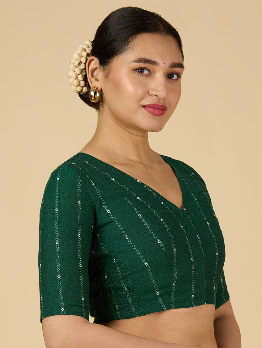 Women's Green Cool Handloom Cotton Side Stretchable (Smocked) Readymade Saree Blouse (Design 2953)