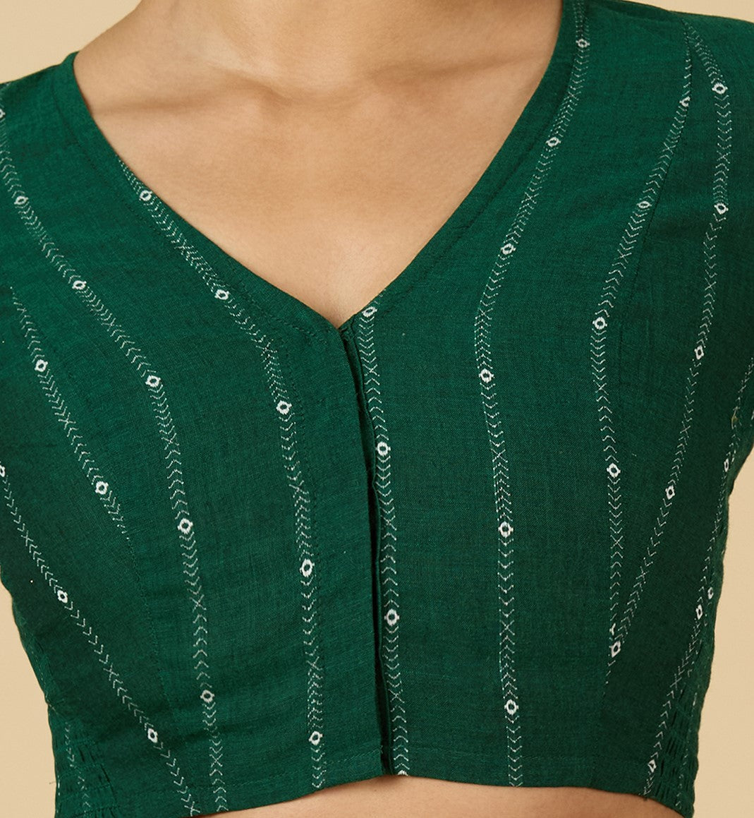Women's Green Cool Handloom Cotton Side Stretchable (Smocked) Readymade Saree Blouse (Design 2953)