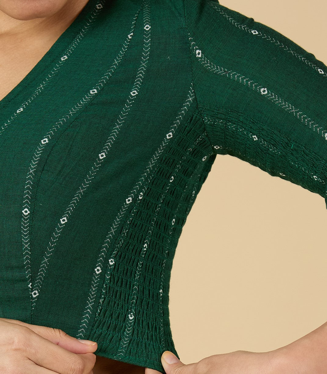 Women's Green Cool Handloom Cotton Side Stretchable (Smocked) Readymade Saree Blouse (Design 2953)