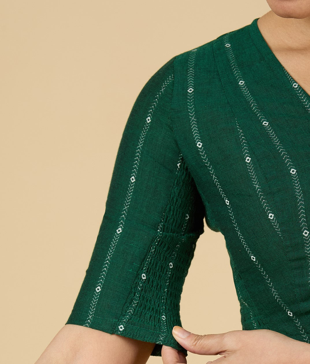 Women's Green Cool Handloom Cotton Side Stretchable (Smocked) Readymade Saree Blouse (Design 2953)