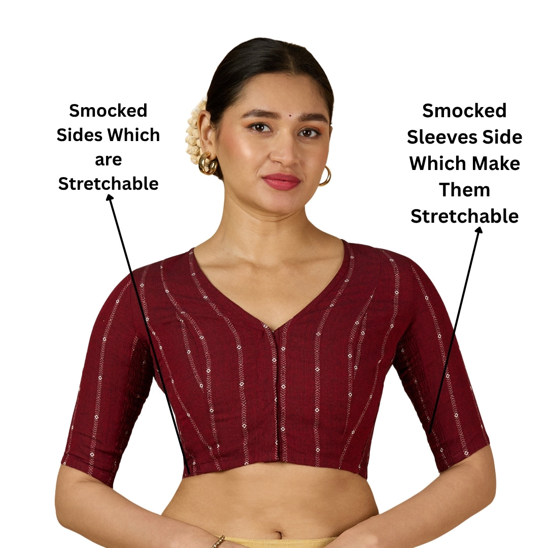 Women's Maroon Cool Handloom Cotton Side Stretchable (Smocked) Readymade Saree Blouse (Design 2953)