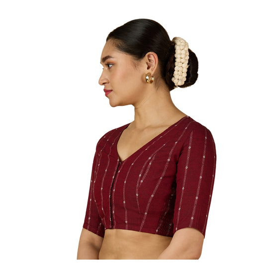 Women's Maroon Cool Handloom Cotton Side Stretchable (Smocked) Readymade Saree Blouse (Design 2953)