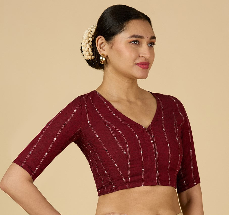 Women's Maroon Cool Handloom Cotton Side Stretchable (Smocked) Readymade Saree Blouse (Design 2953)