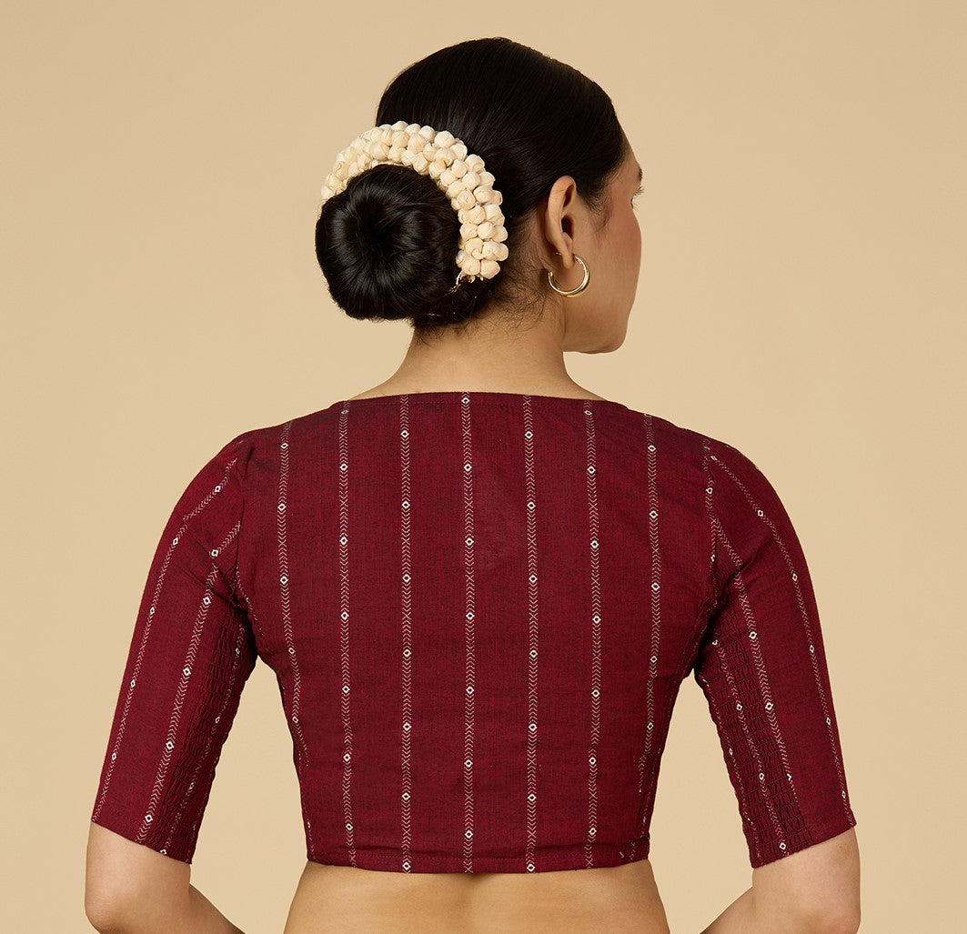 Women's Maroon Cool Handloom Cotton Side Stretchable (Smocked) Readymade Saree Blouse (Design 2953)